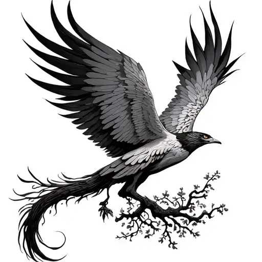 Pheonix Flying With A Long Tail And Tree Of Life Intertwined