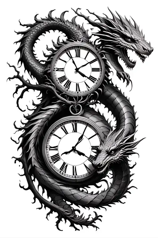 2 Dragons Intertwined Tree Of Life And Clock Realistic