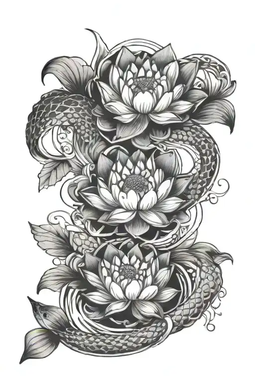 Lotus In The Middle Of Two Koi Fish