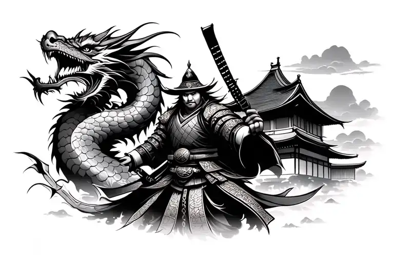 Japanese Samurai Warrior Japanese Dragon Japanese Building In Background