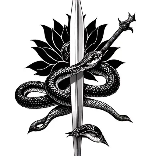 Snake Coiled Around A Sword In The Middle With Lotus In The Background