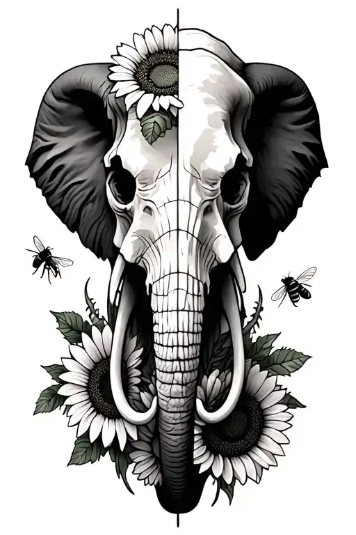 Half Elephant Head Half Mammoth Skull With Sunflowers And Bees