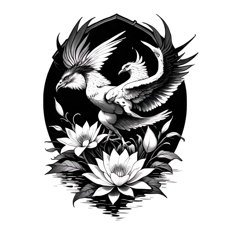Phoenix Rising With Water Lily And Calla Lily Flowers