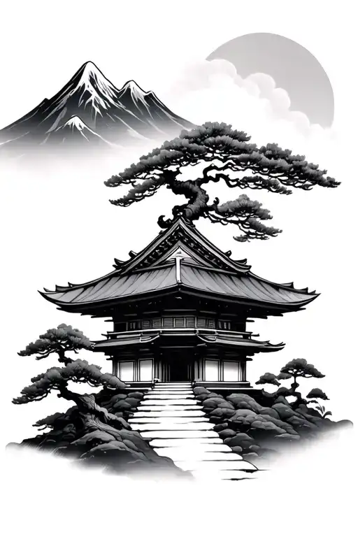 Japanese Temple With Mountain And Bonsai Tree