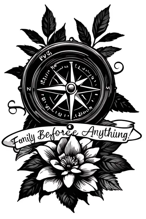 Forearm Tattoo Of A Compass And Gardenia Flowers With The Saying Family Before Anything
