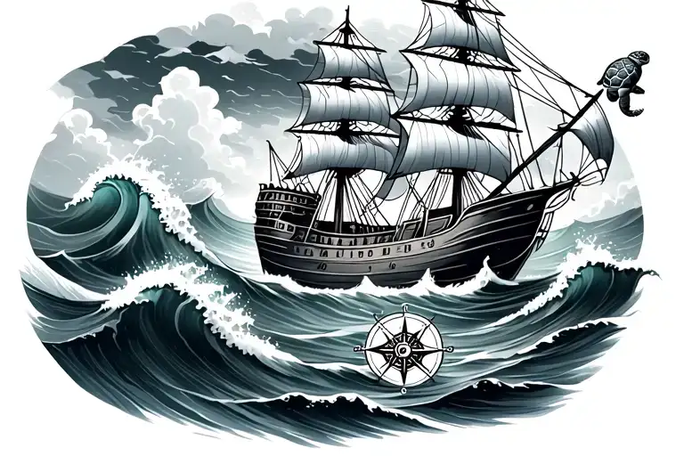 Ship Sailing Through A Sea Waves In Storm With Sea Turtle And Compass