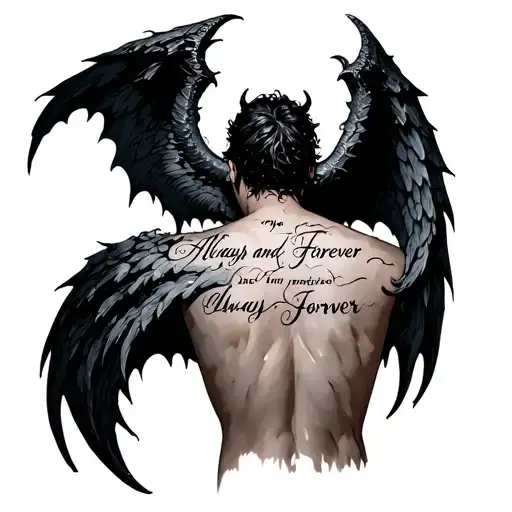Demon Wings On My Back With Latin On My Spine That Says Always And Forever