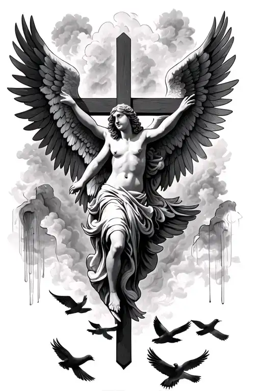 Cross With Angel Wings On Each Side And Then 7 Doves Flying Up From The Bottom