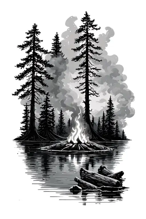 Trees On The Lake With Camp Fire And Smoke Rising