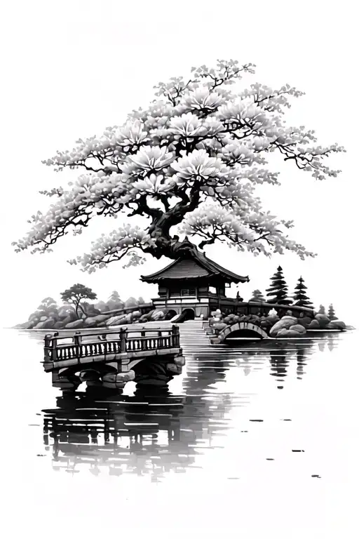 Temple Blossom Tree And Small Lake Bridge