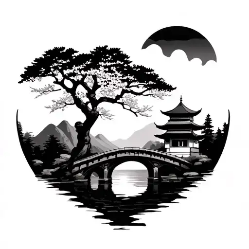 Temple With Blossom Tree Mountain Sunset Background With A Small Bridge Going Towards The Temple