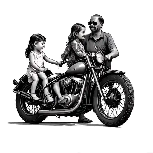 Old Motorcycle With Little Girl And Father