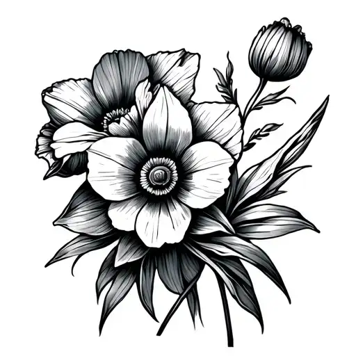 Fine Line Daffodil And Poppy Flowers Intertwined