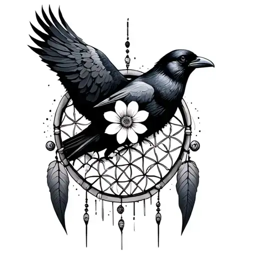 Mandela Mandela Flower Of Life With A Raven Inside Of It And A Dreamcatcher