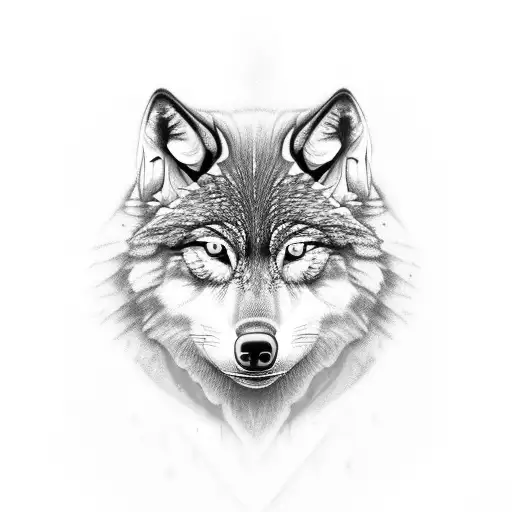 Wolfs Face Split In The Middle By A Redwood Tree With One Blue And One Green Eye