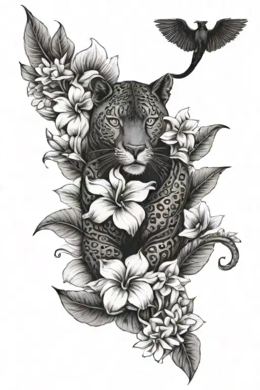 Plumeria Flowers Surrounding Elbow And Black Panther On Shoulder- Full Sleeve Tatoo