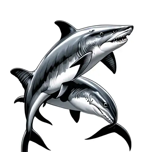 Dophin And Shark Swimming Together Representing