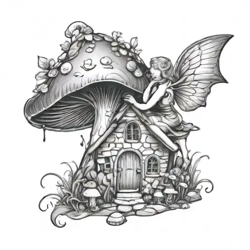 Curvy Winged Fairy Sitting In A Mushroom Garden Scene With A Mushroom House