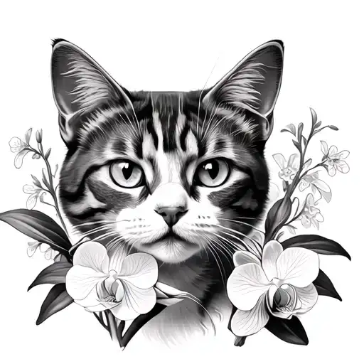 Cat And White Orchid And Forget-me-not