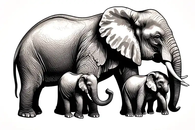 Momma Elephant With 3 Different Age Babies
