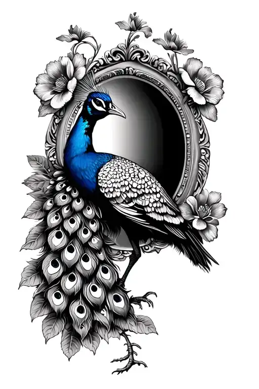 Peacock With A Vintage Frame And Flowers Coming Out Of The Frame Partially At The Top