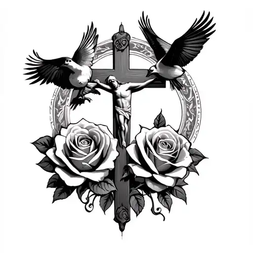 8 Birds Flying Around Two Roses Around A Jesus Cross In The Middle