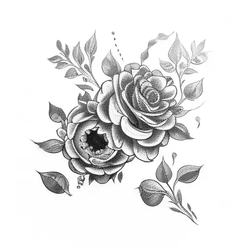 A Black-grey Tattoo Of A Bouquet Of Flowers Growing Out Of A Pile Of Money