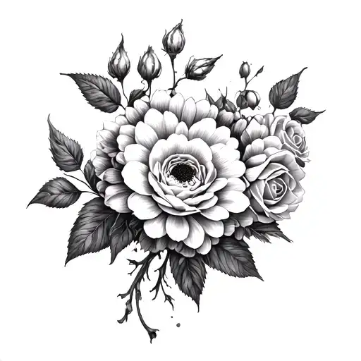 Hrysanthemum And Roses Intertwined Black And White