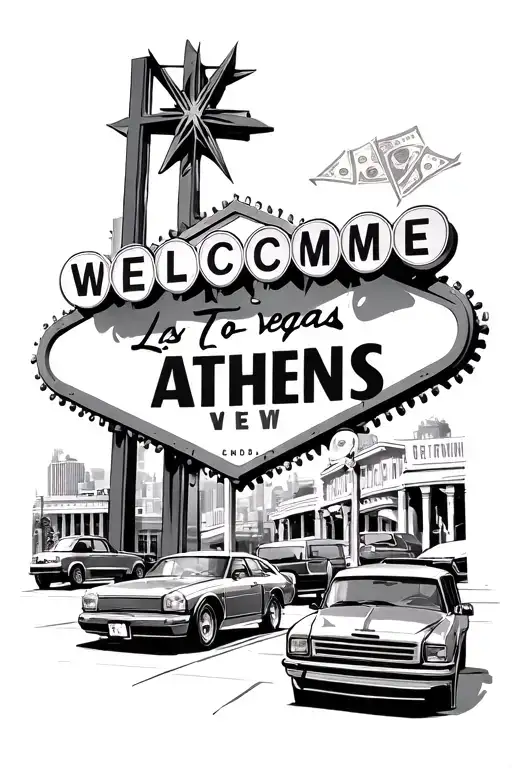 Las Vegas Sign Saying Welcome To Athens Surrounded By Cars Money And Buildings