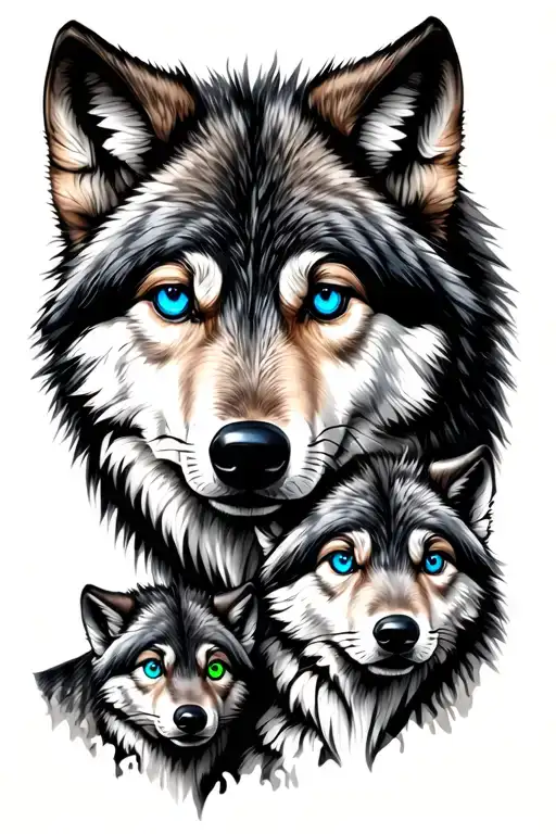 Parent Wolf With Blue Eyes With 2 Older Cubs With Blue And Green Eyes