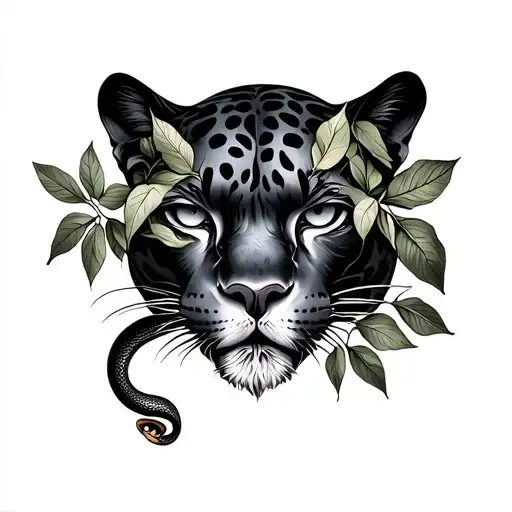 Eyes Of A Panther Covered With Leaves And A Snake Wrapped
