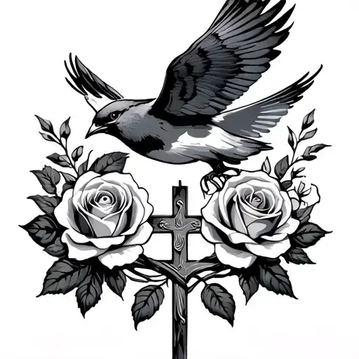 Bird Flying Towards Two Roses And Jesus Cross Surrounded