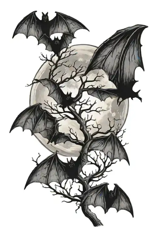 Leafless Tree Bats Flying Around Full Moon