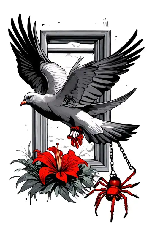 Dove Flying Out Of Window Holding Up A Dead Dove By A Chain With A Red Spider Lily