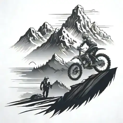 A Trail Of Tire Tracks Leading To A Mountain Peak With A Dirtbike At The Summit