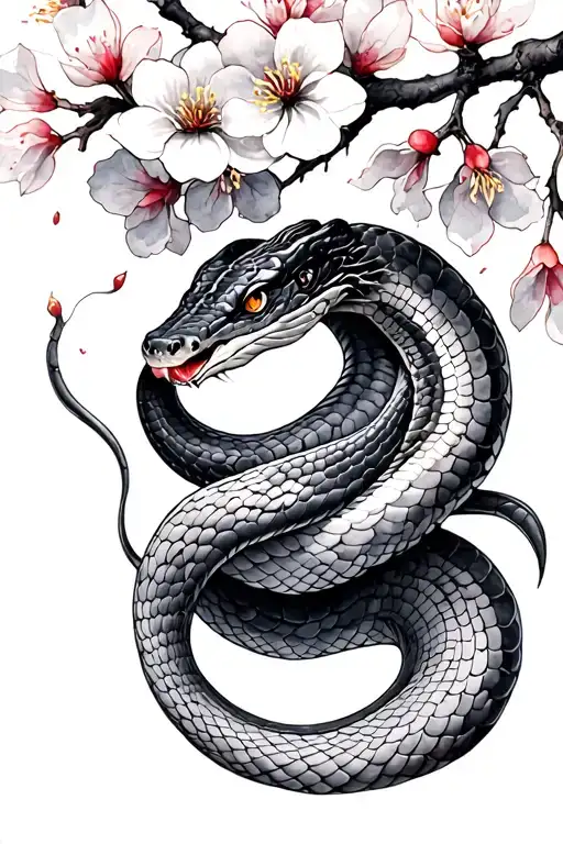 Snake Surrounded By Watercolor Cherry Blossoms
