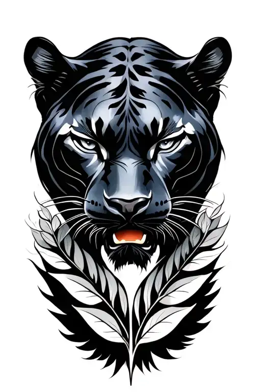 Awesome Black Panther With Front View And Leaves Making Negative Space