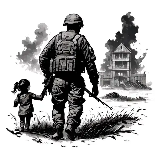 Miltary Soldier From Behind Walking Hand In Han D With Little Girl Toward A Burning Building