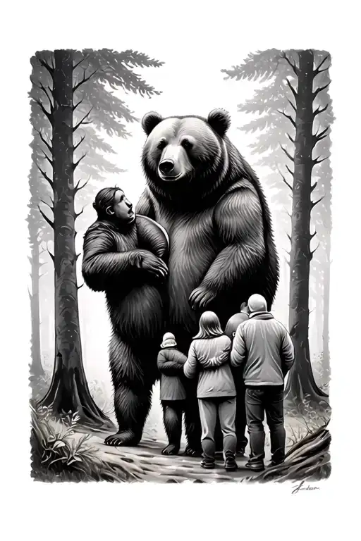 Bear Watching Over Family In A Forrest