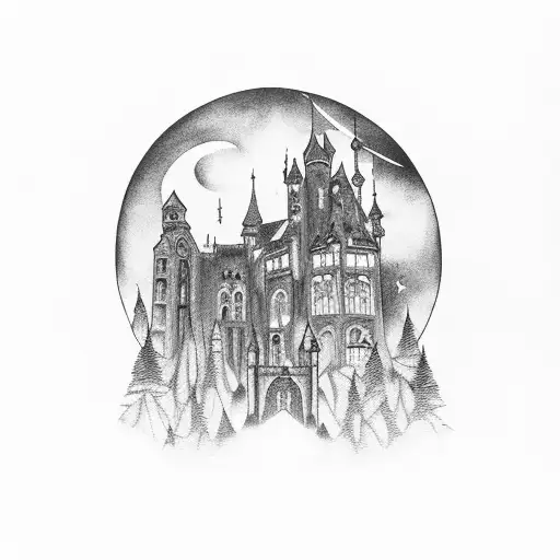Gothic Castle With Cloaked Men And Night Sky Background