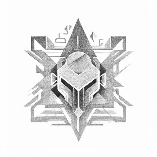 A Black-grey Tattoo Depicting A Marketing Concept Or Symbol Merged With A Geometric Shape
