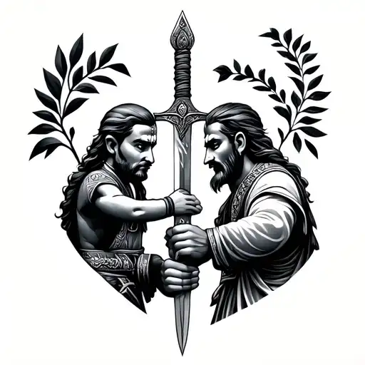 A Grandfather Hold Their Grandson Hand Holding Sword Indian