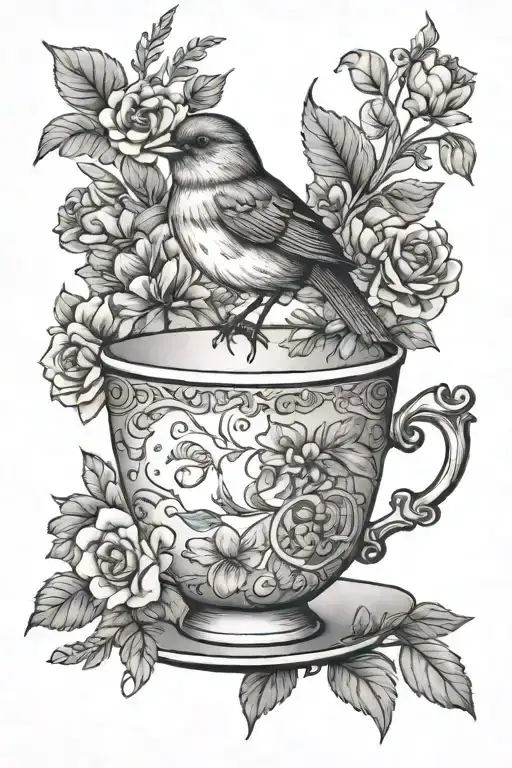 One Teacup With A Happy Little Bird English Cottage Garden Flowers