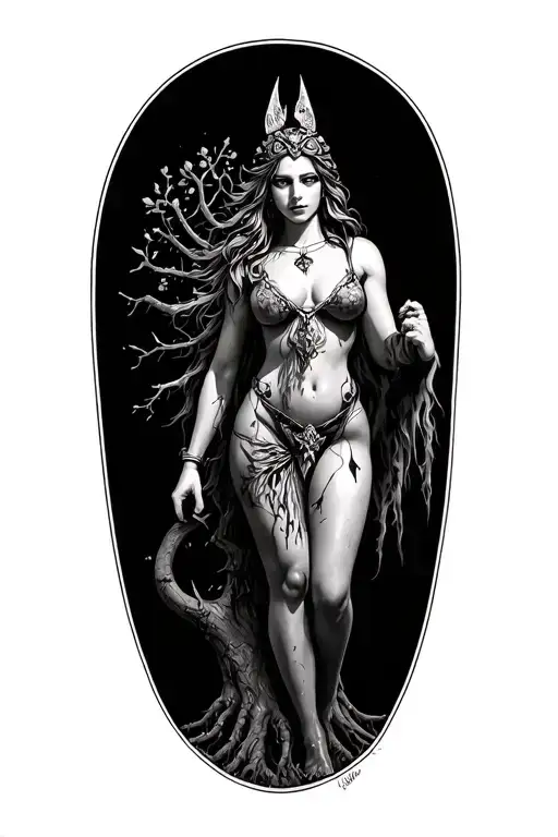 Sexy Freya Norse Goddes Connecting On Tree Growing