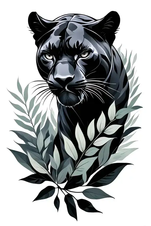 Black Panther With Front View And Leaves Making Negative Space