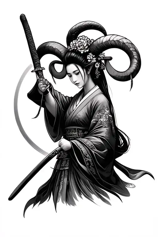Aries Geisha Holding A Katana Sword