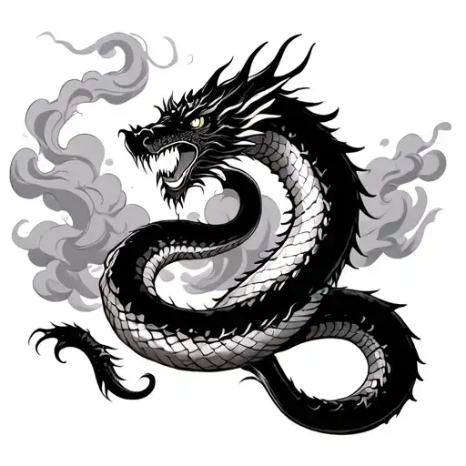 Evil Japanese Dragon Coiling Snake Around Background Sky Clouds And Smoke Japanese Style