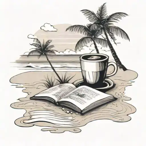 A Serene Beach Scene With A Coffee Cup And A Book On The Sand