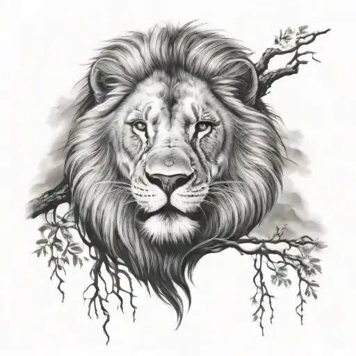 A Realistic Lion Face With A River Mountain Hammock Forest Lake