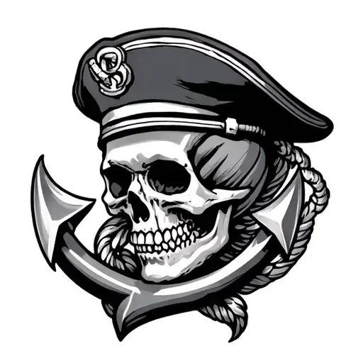 Skull With Sailor Hat And Large Anchor Intertwined